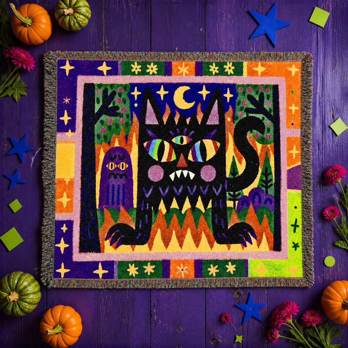 Whimsical Black Cat Halloween Woven Blanket