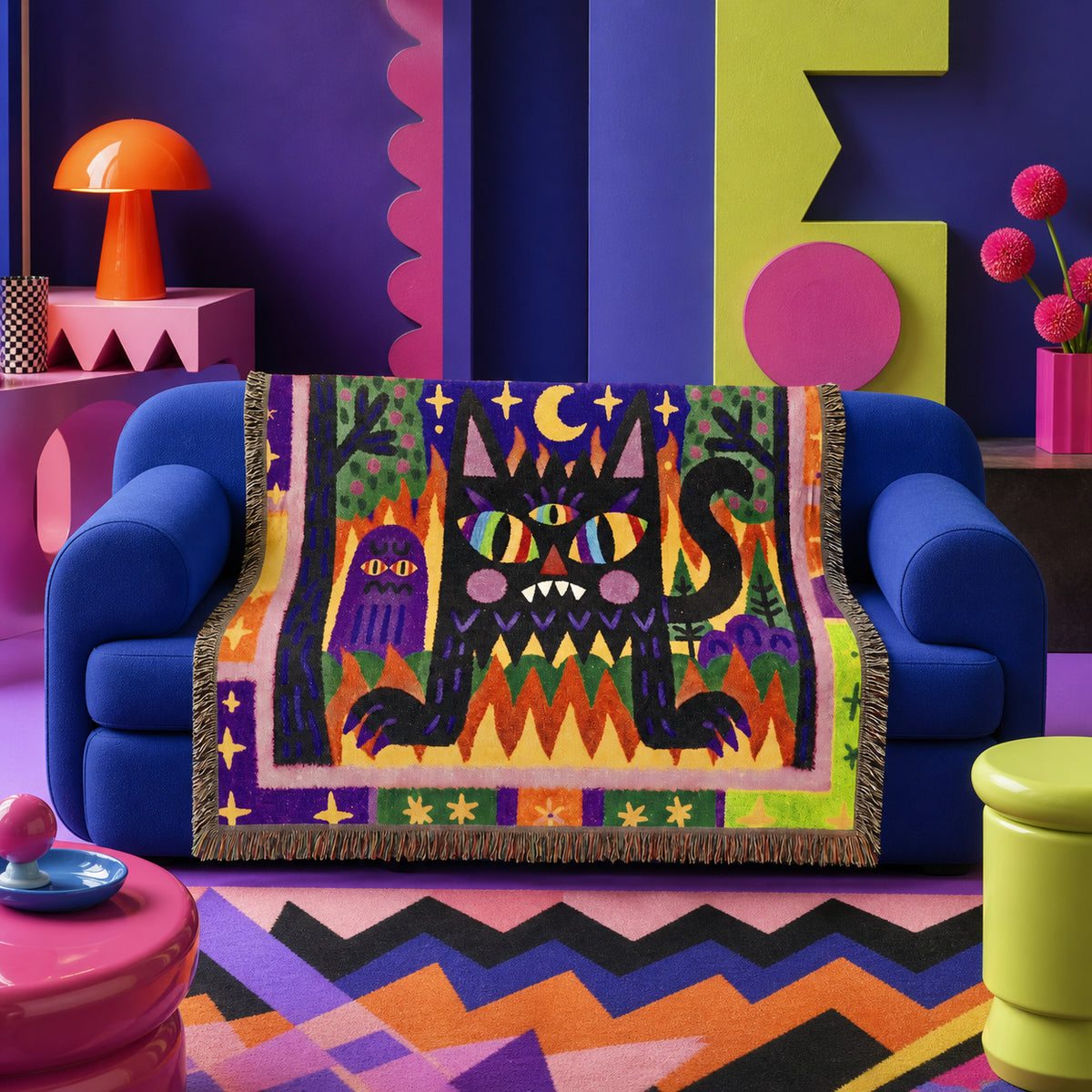 Whimsical Black Cat Halloween Woven Blanket