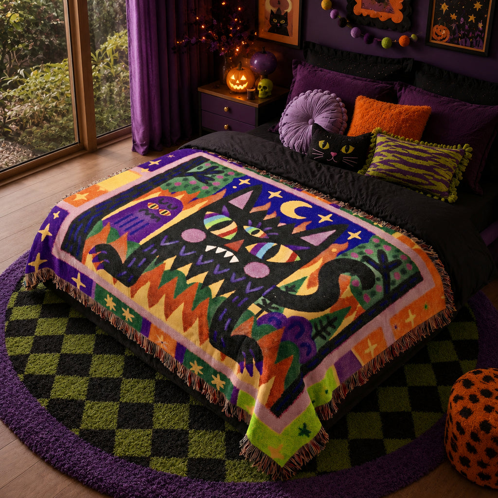 Whimsical Black Cat Halloween Woven Blanket