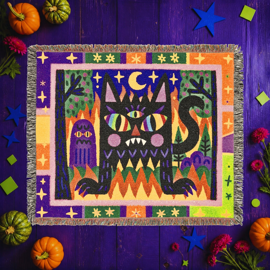 Whimsical Black Cat Halloween Woven Blanket