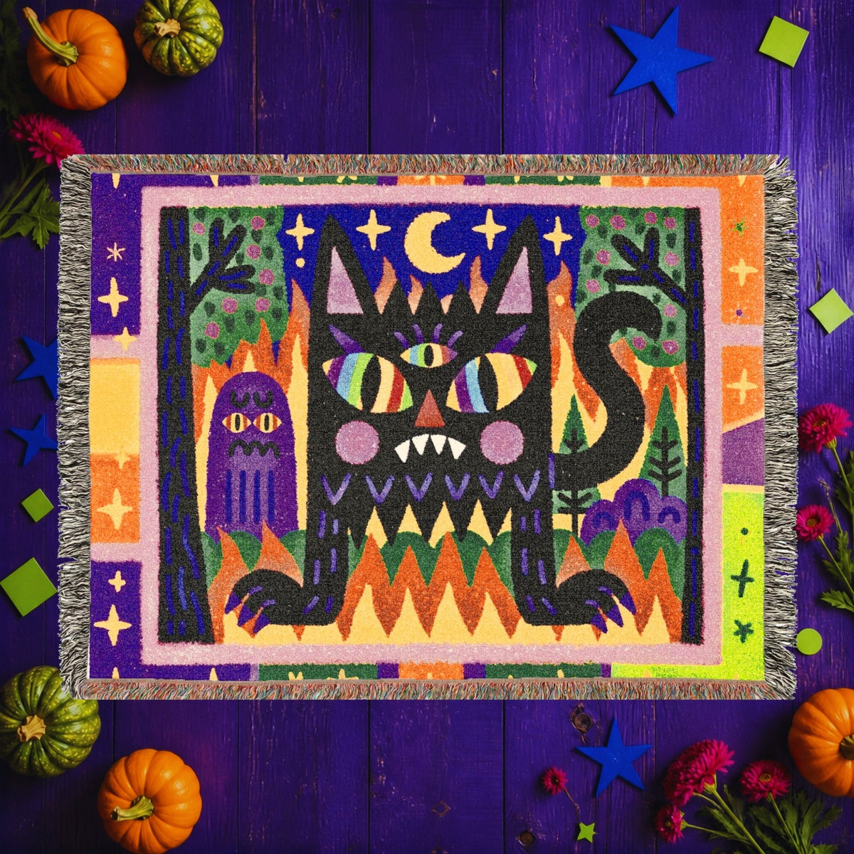 Whimsical Black Cat Halloween Woven Blanket