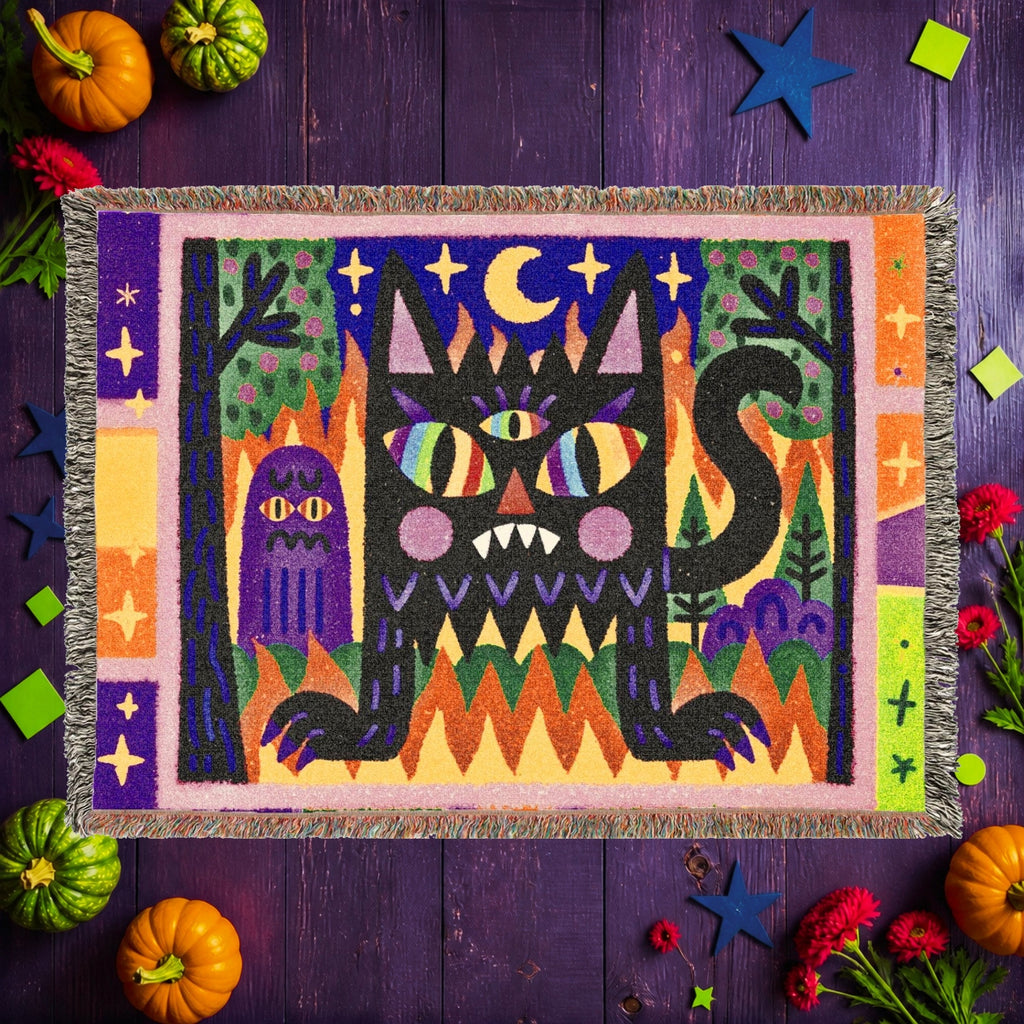 Whimsical Black Cat Halloween Woven Blanket