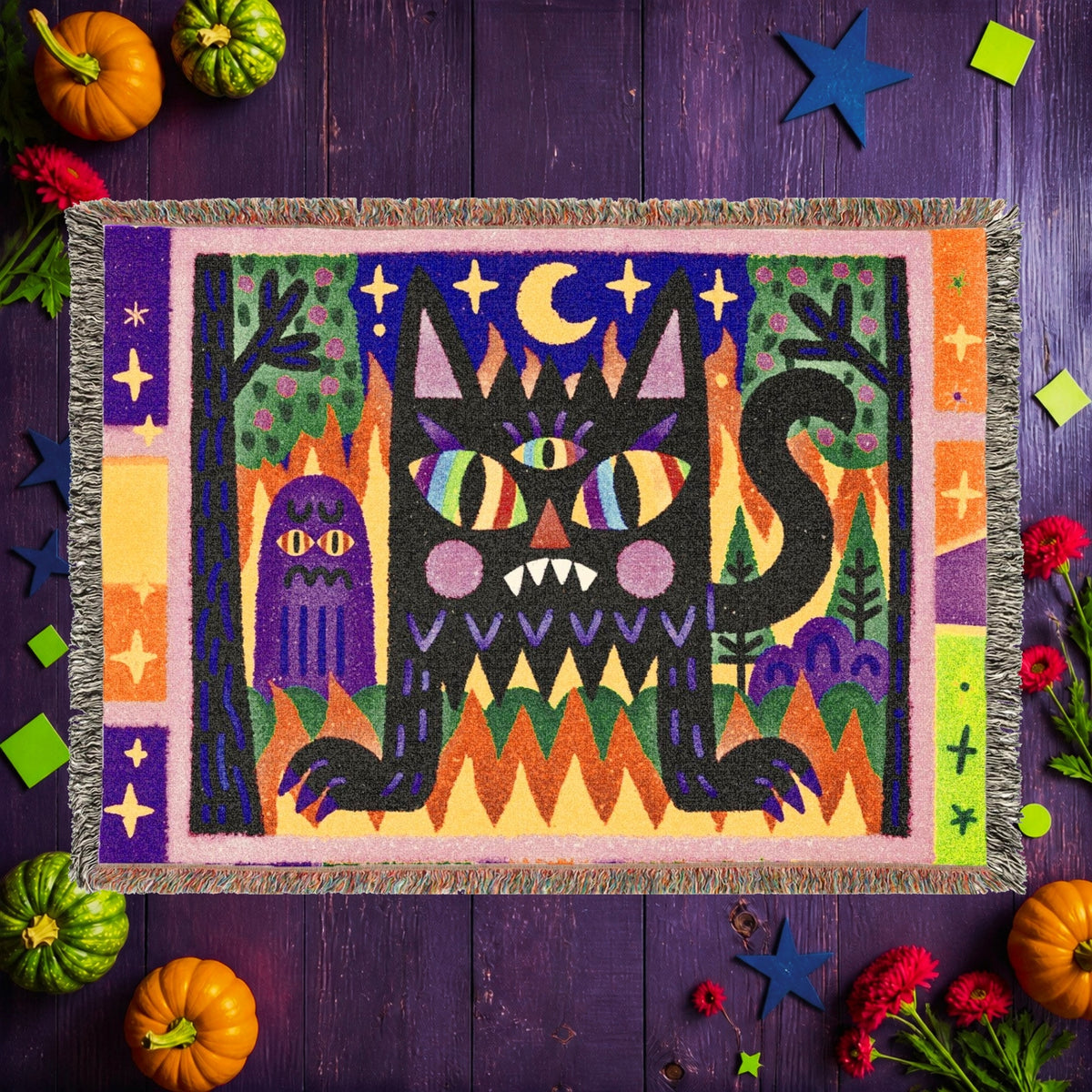 Whimsical Black Cat Halloween Woven Blanket