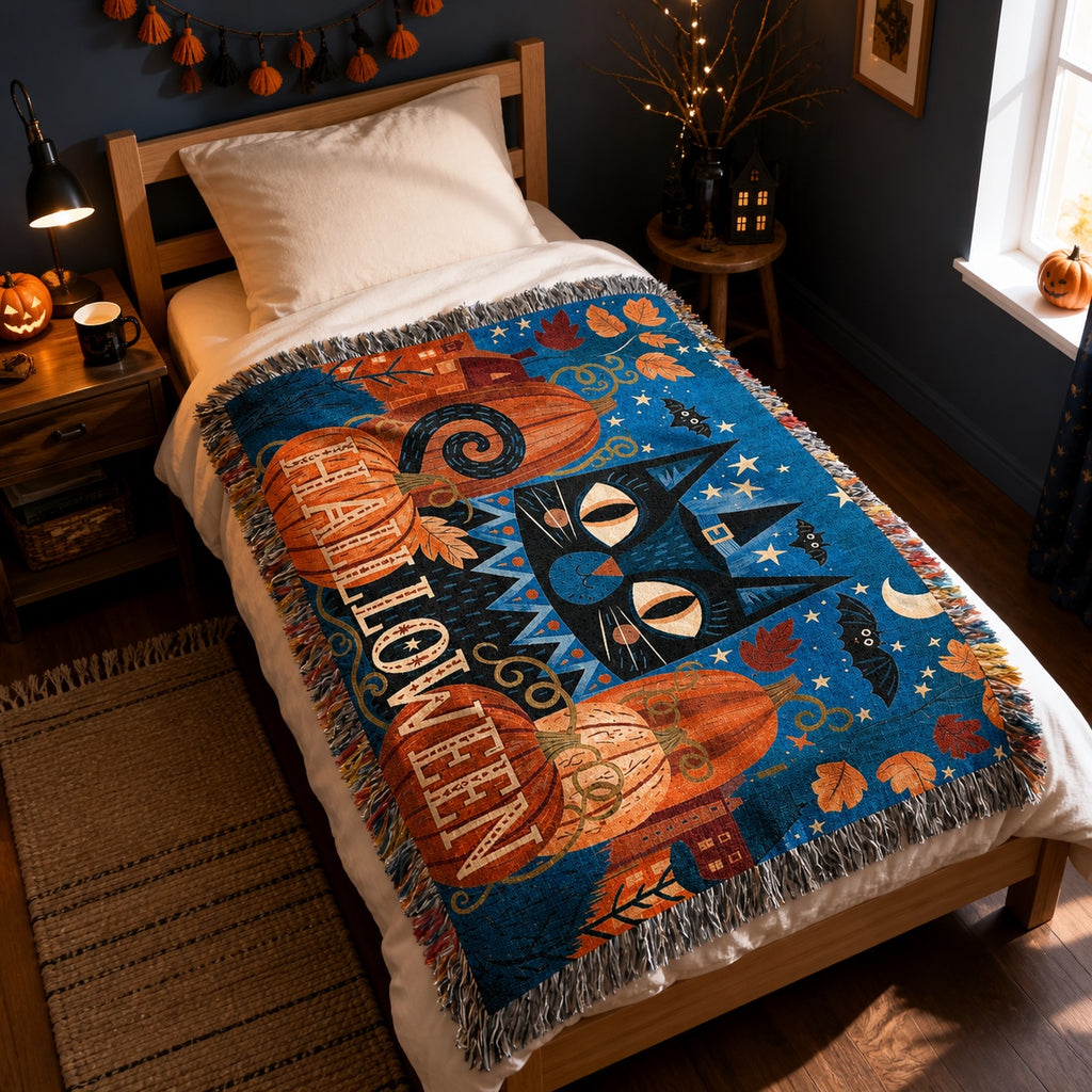 Black Cat Halloween Woven Blanket with Pumpkins