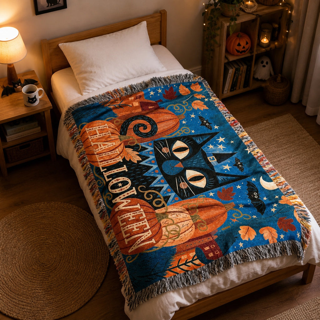 Black Cat Halloween Woven Blanket with Pumpkins