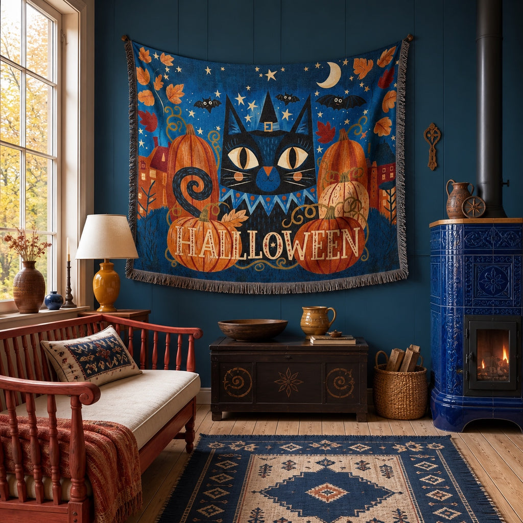 Black Cat Halloween Woven Blanket with Pumpkins