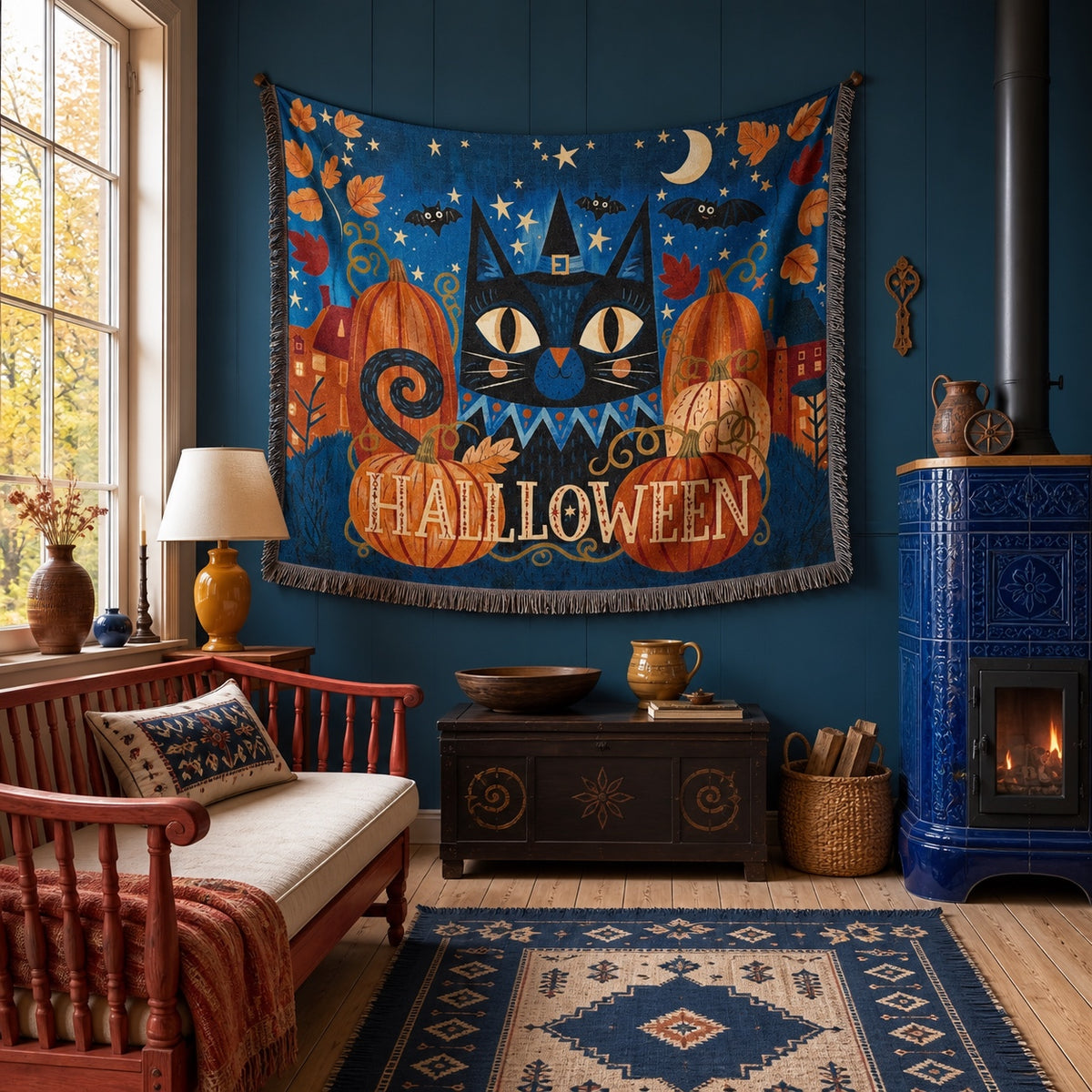 Black Cat Halloween Woven Blanket with Pumpkins