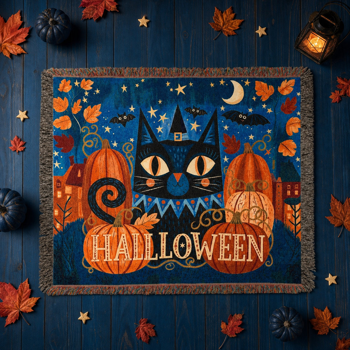 Black Cat Halloween Woven Blanket with Pumpkins