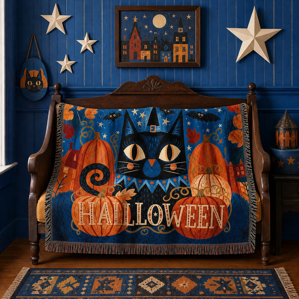 Black Cat Halloween Woven Blanket with Pumpkins