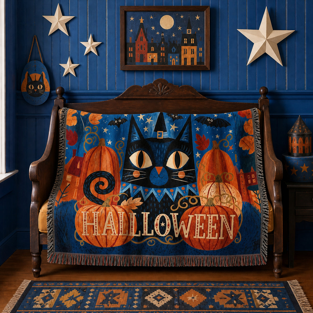 Black Cat Halloween Woven Blanket with Pumpkins