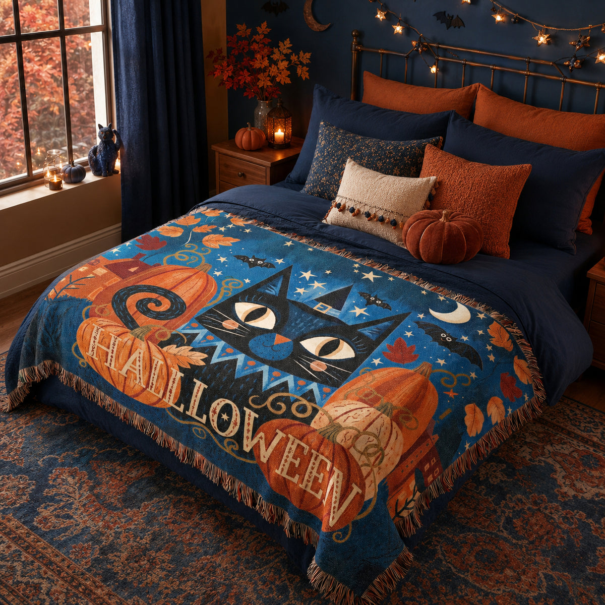Black Cat Halloween Woven Blanket with Pumpkins