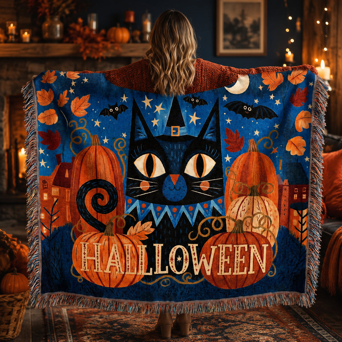 Black Cat Halloween Woven Blanket with Pumpkins