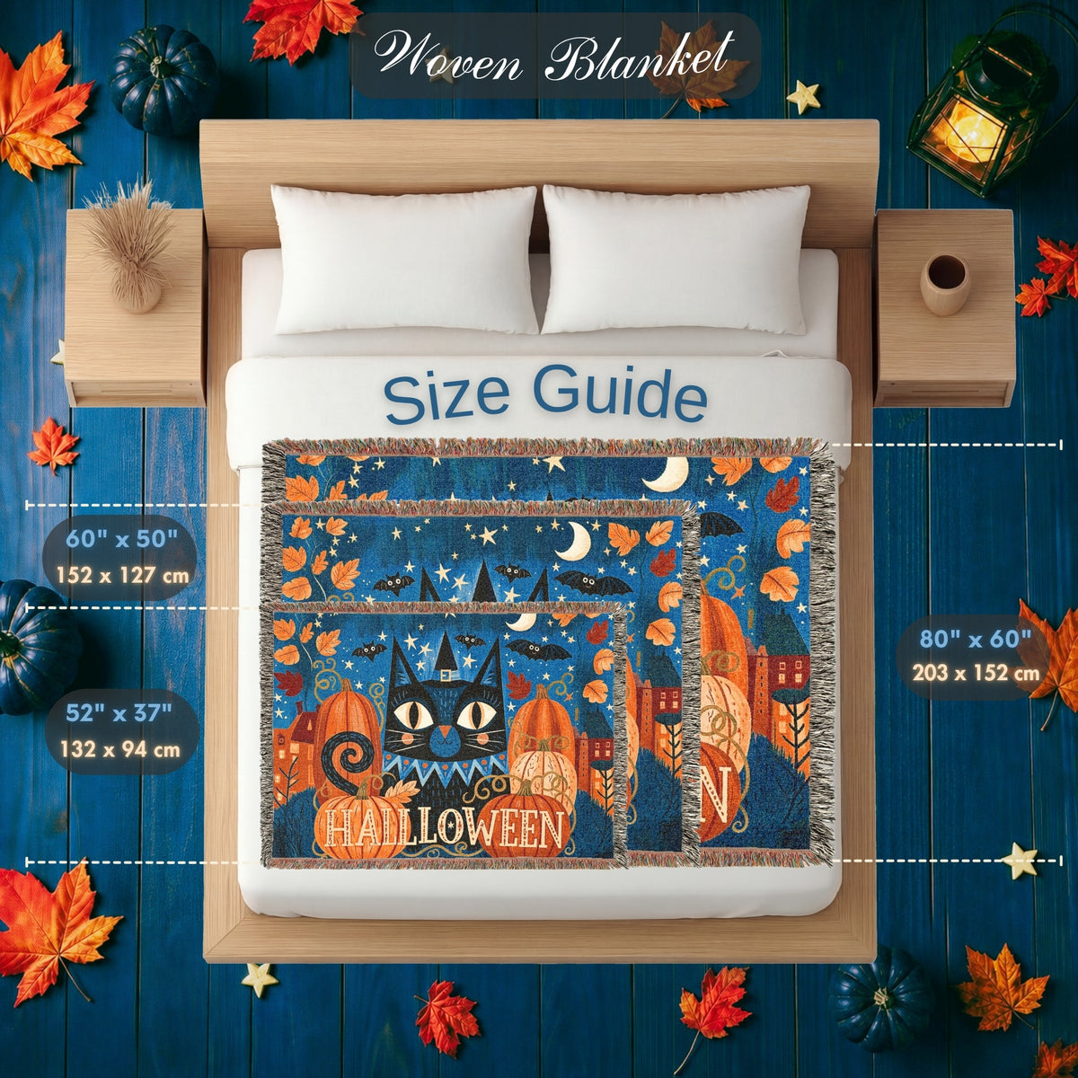 Black Cat Halloween Woven Blanket with Pumpkins