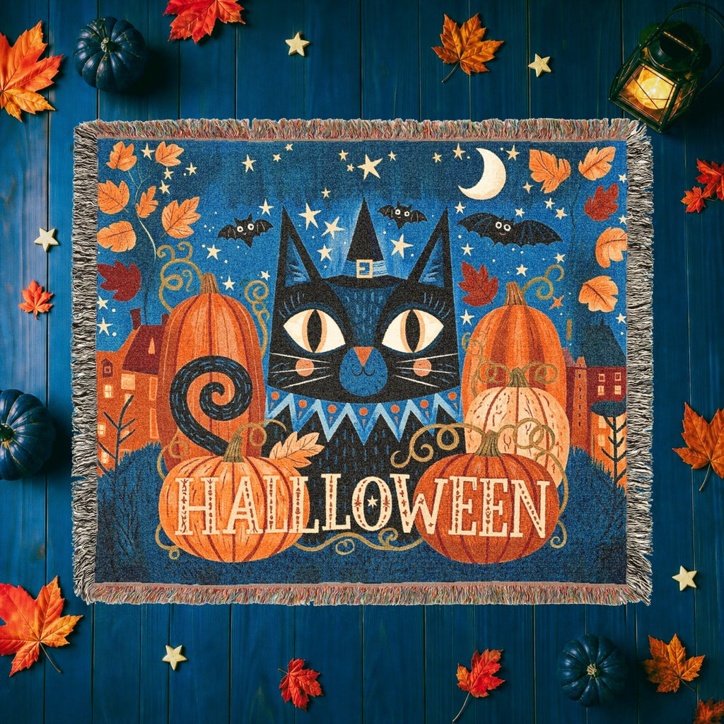 Black Cat Halloween Woven Blanket with Pumpkins