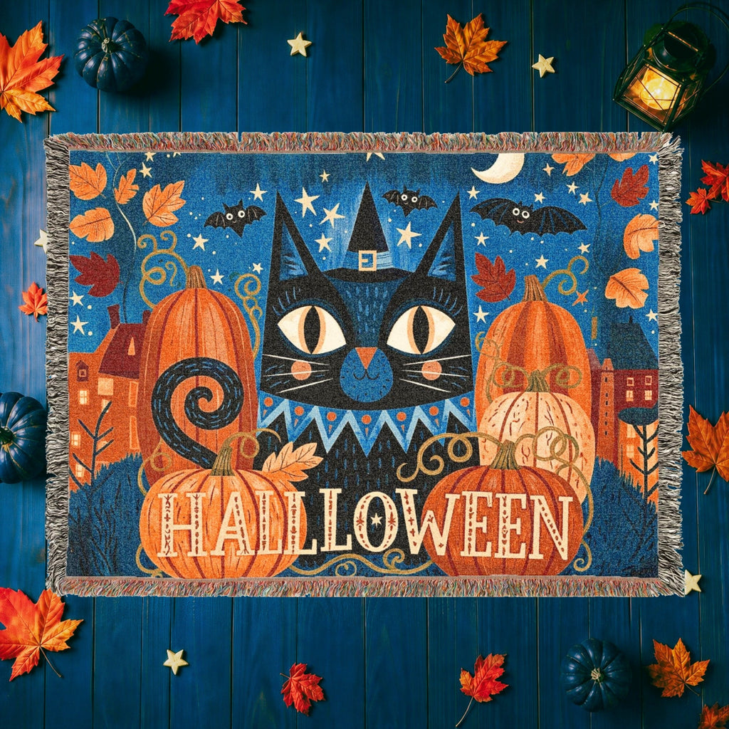 Black Cat Halloween Woven Blanket with Pumpkins