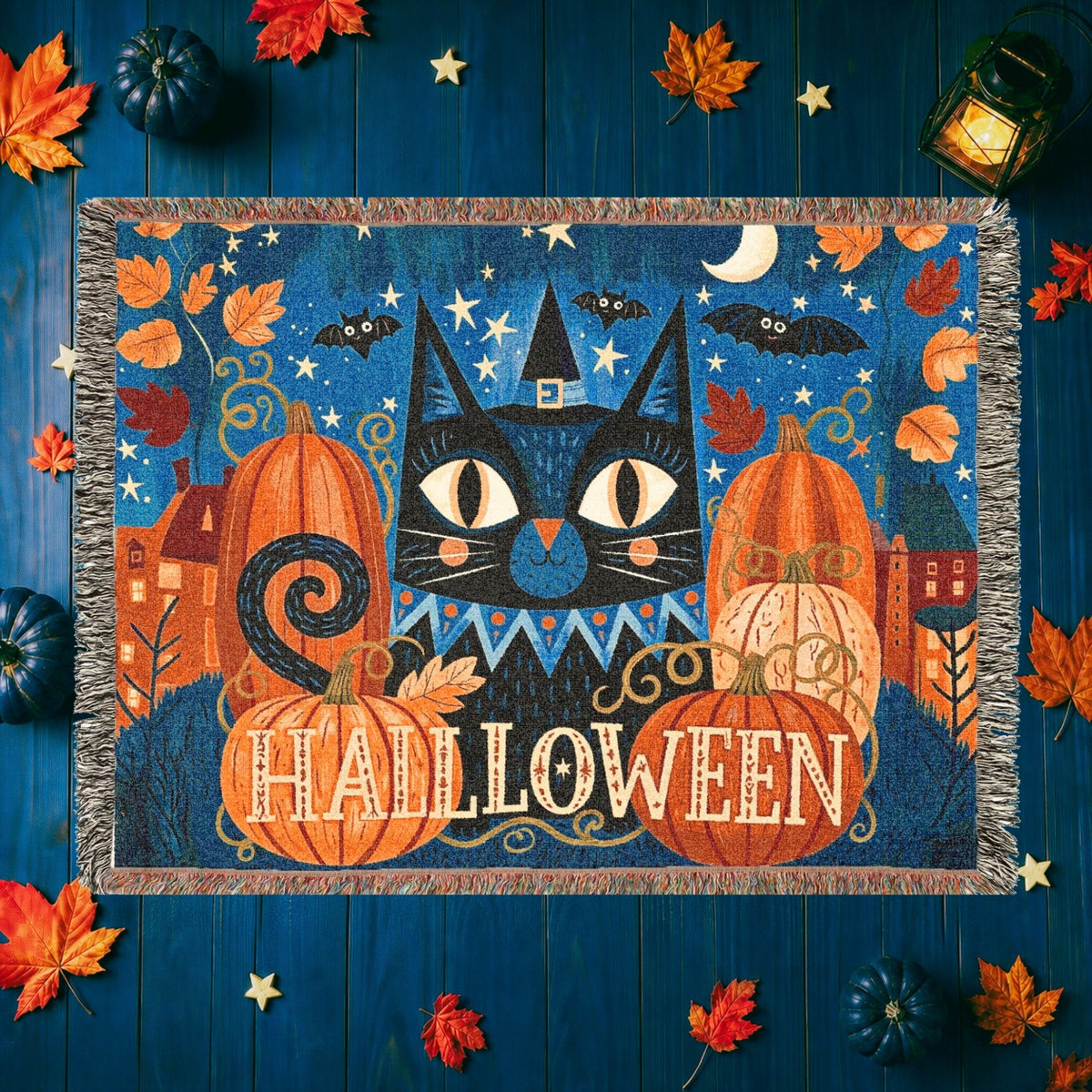 Black Cat Halloween Woven Blanket with Pumpkins
