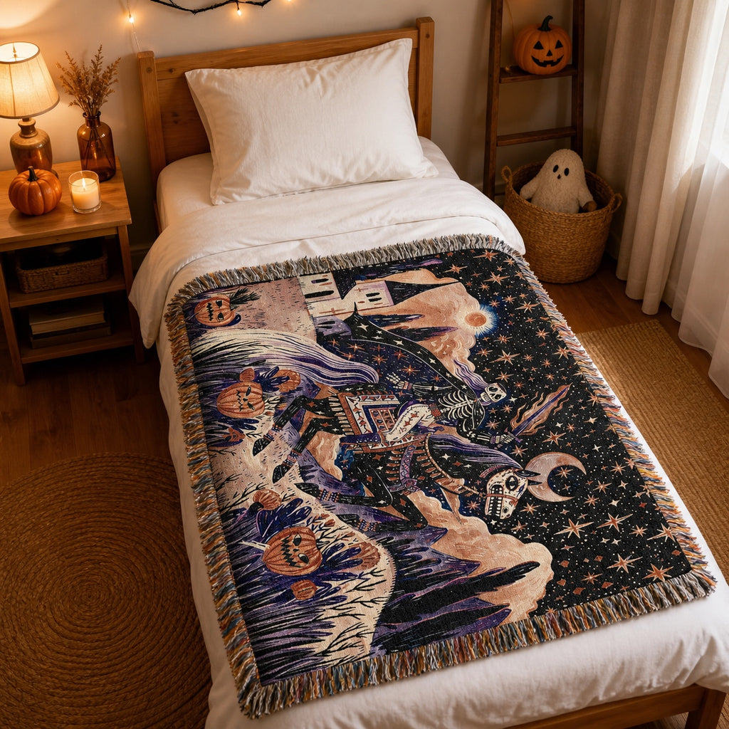 Skeleton Horseman Halloween Woven Blanket