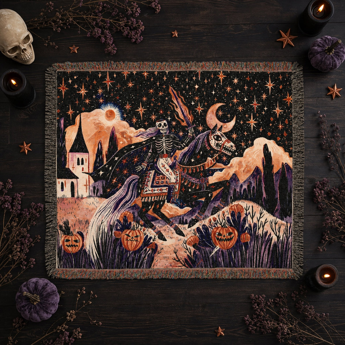 Skeleton Horseman Halloween Woven Blanket