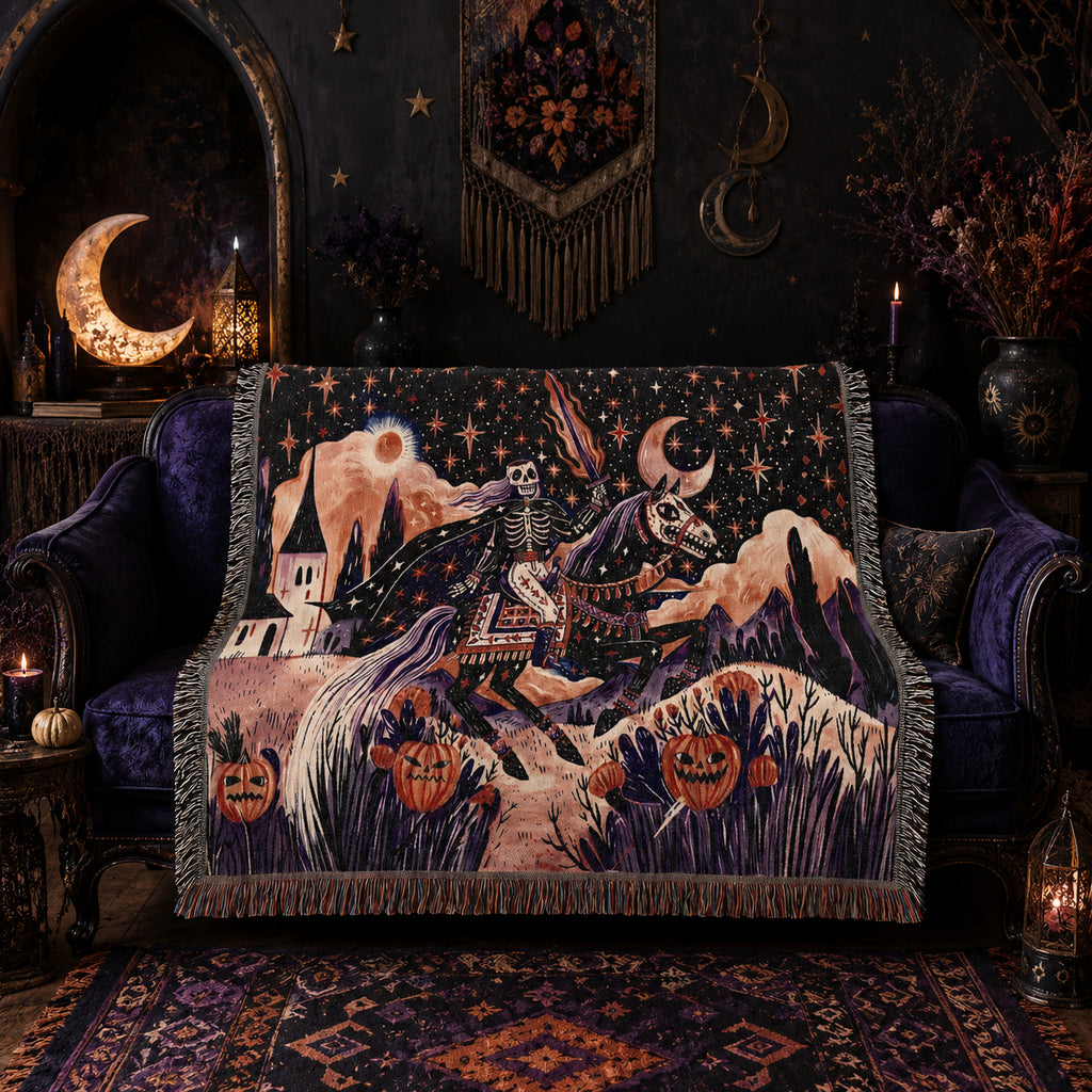 Skeleton Horseman Halloween Woven Blanket
