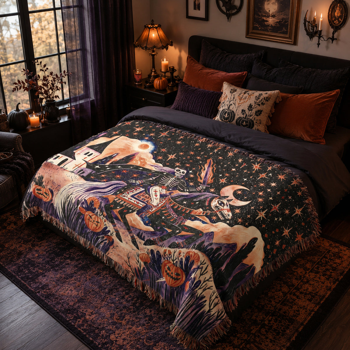 Skeleton Horseman Halloween Woven Blanket
