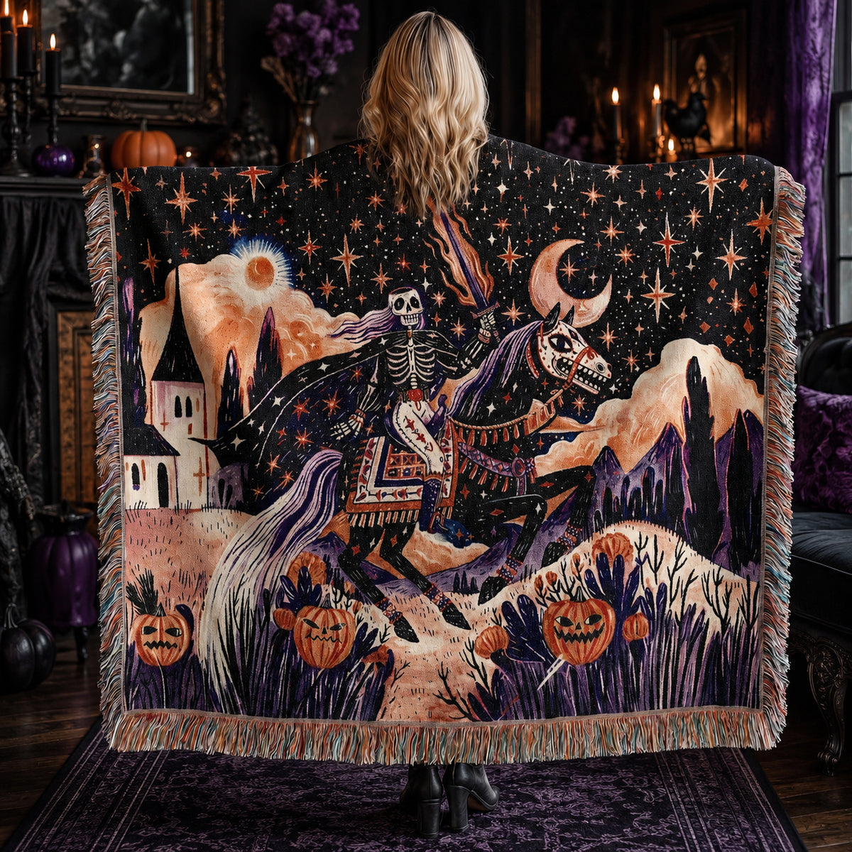 Skeleton Horseman Halloween Woven Blanket