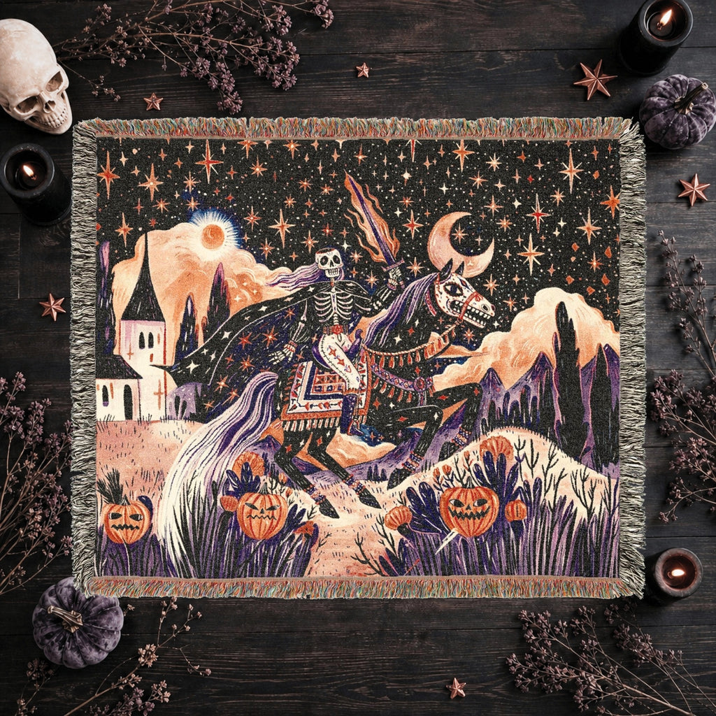 Skeleton Horseman Halloween Woven Blanket