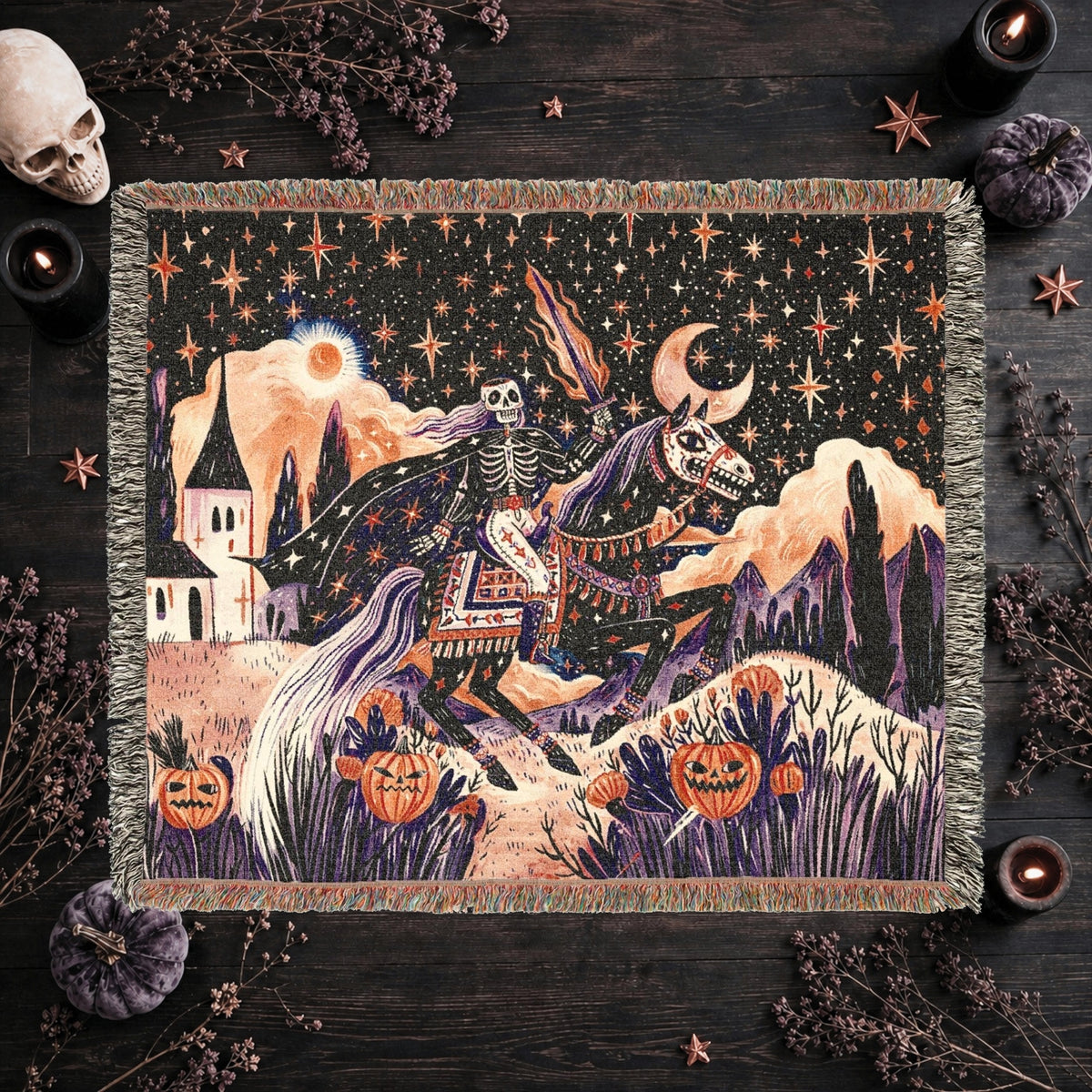 Skeleton Horseman Halloween Woven Blanket