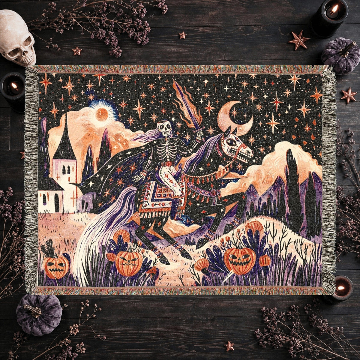Skeleton Horseman Halloween Woven Blanket
