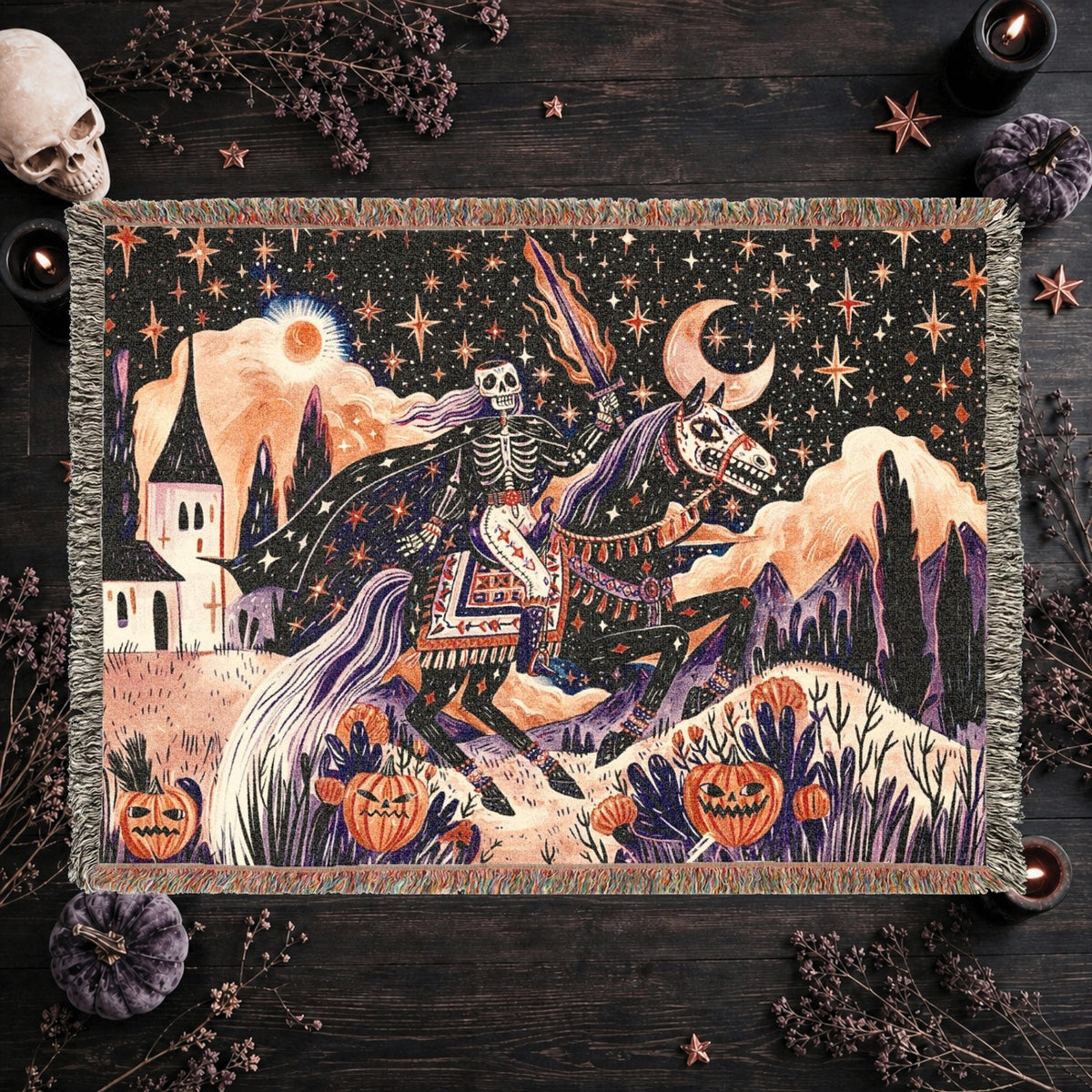 Skeleton Horseman Halloween Woven Blanket