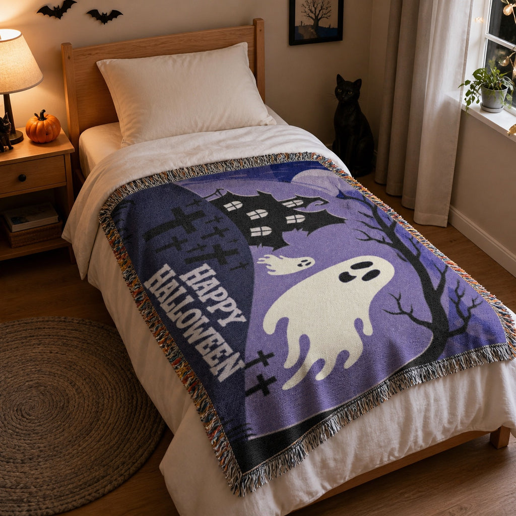 Cute Ghost Halloween Woven Blanket