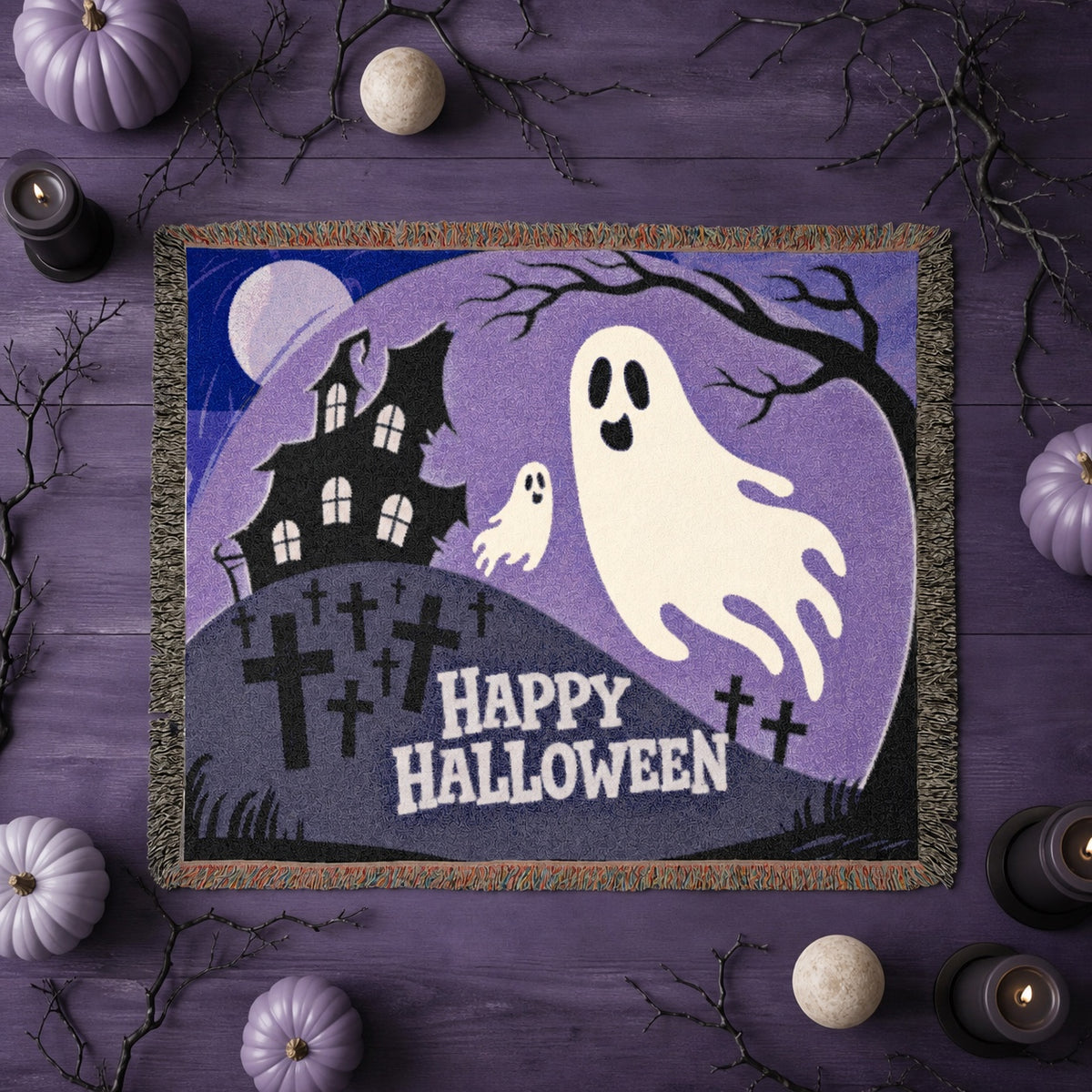 Cute Ghost Halloween Woven Blanket