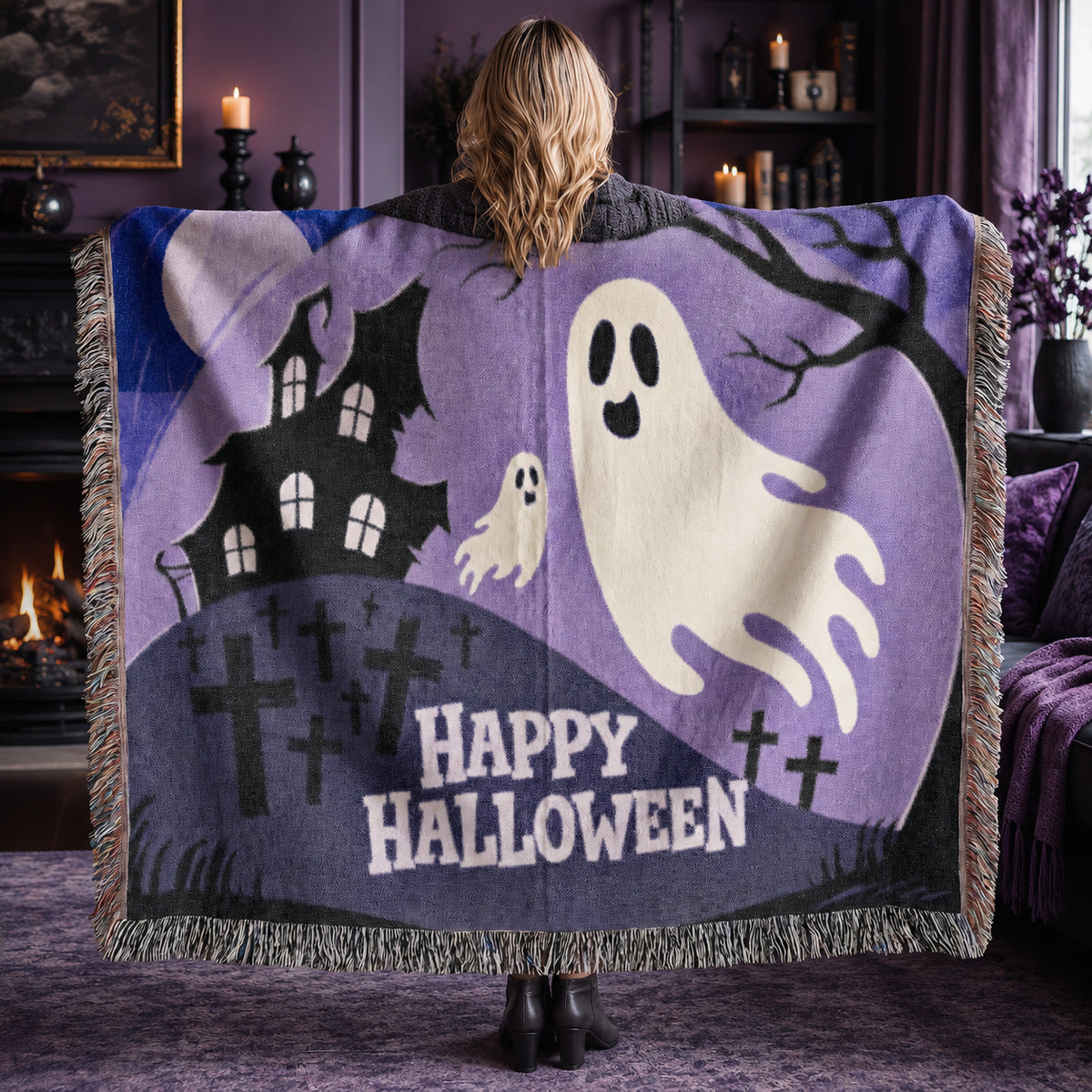Cute Ghost Halloween Woven Blanket