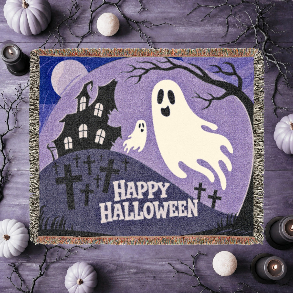 Cute Ghost Halloween Woven Blanket