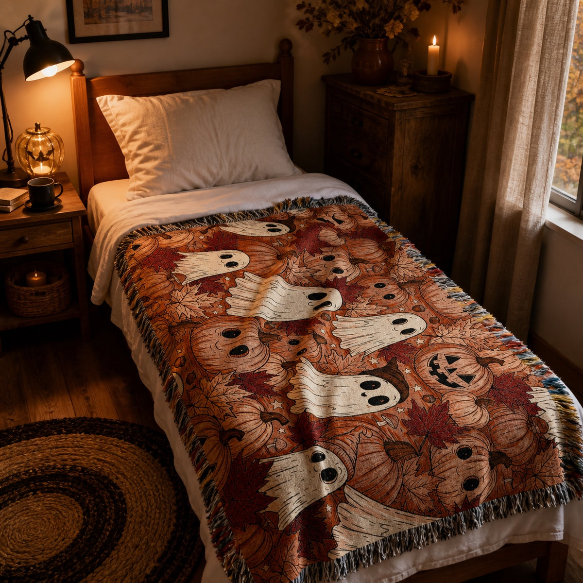 Cute Ghost and Pumpkin Halloween Woven Blanket