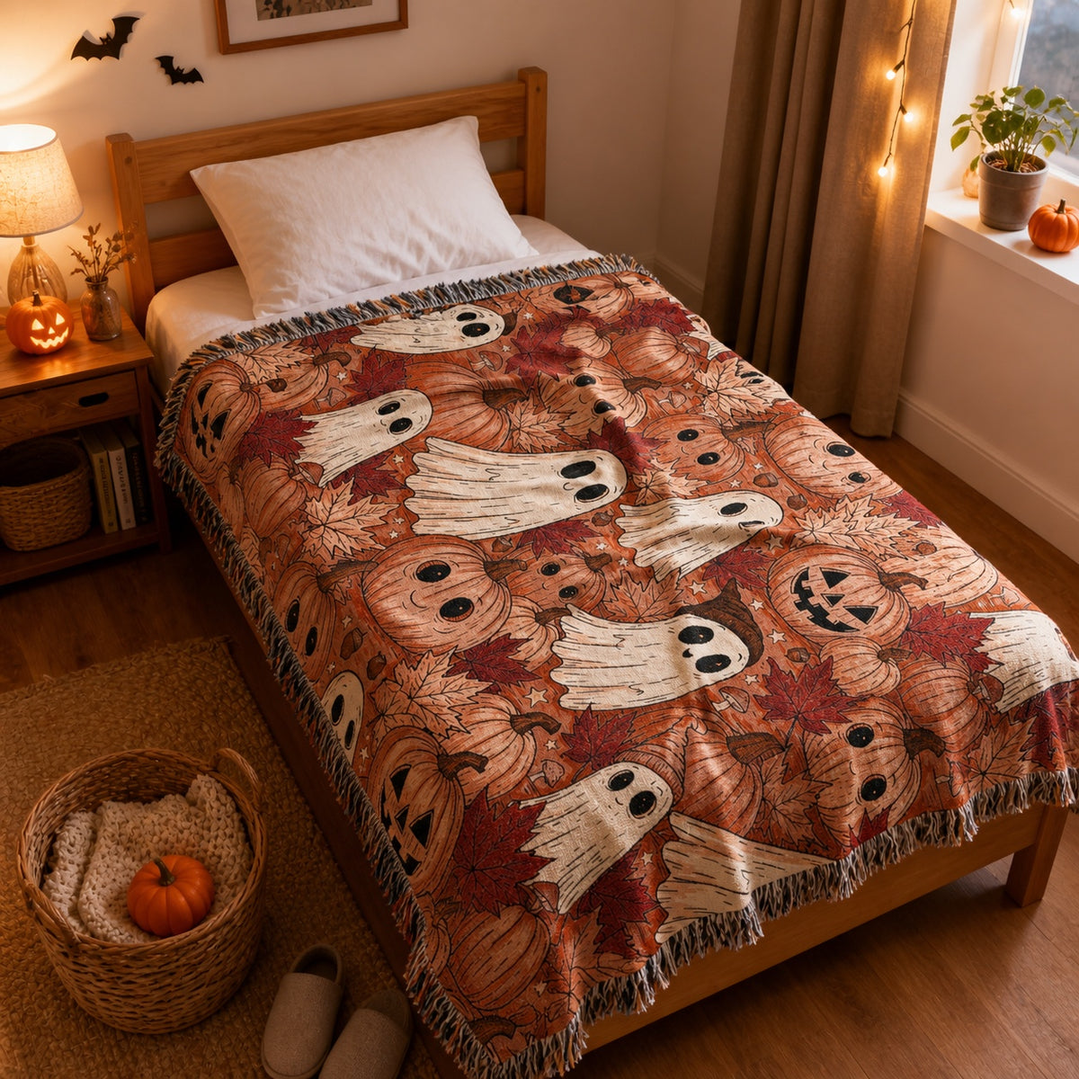 Cute Ghost and Pumpkin Halloween Woven Blanket