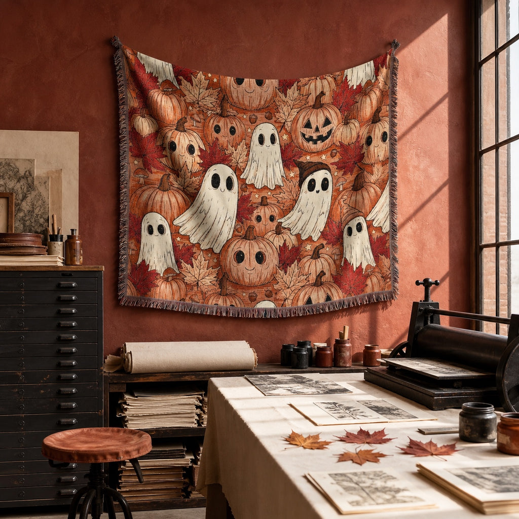 Cute Ghost and Pumpkin Halloween Woven Blanket