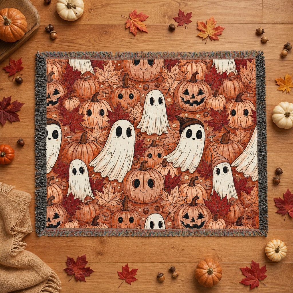 Cute Ghost and Pumpkin Halloween Woven Blanket
