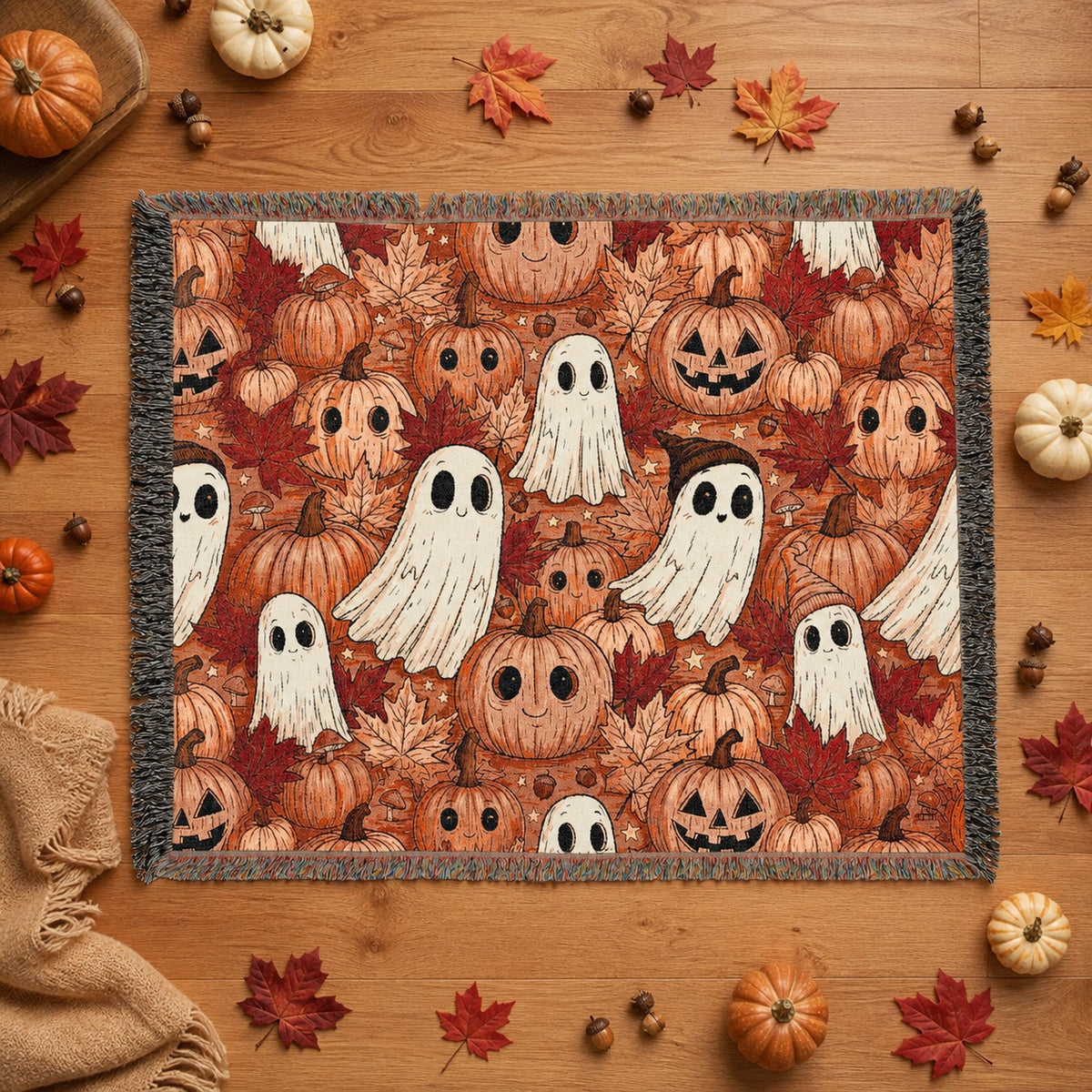 Cute Ghost and Pumpkin Halloween Woven Blanket