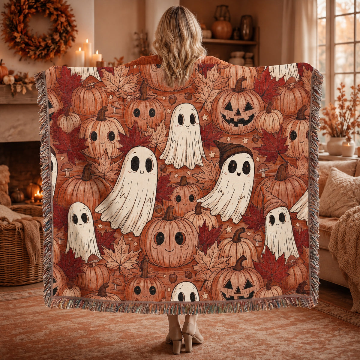 Cute Ghost and Pumpkin Halloween Woven Blanket
