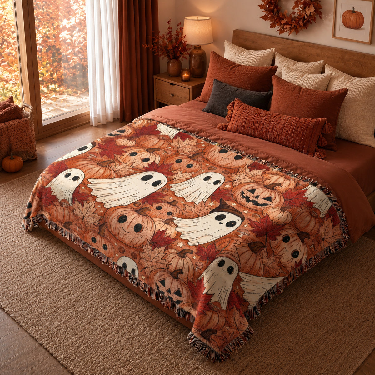 Cute Ghost and Pumpkin Halloween Woven Blanket