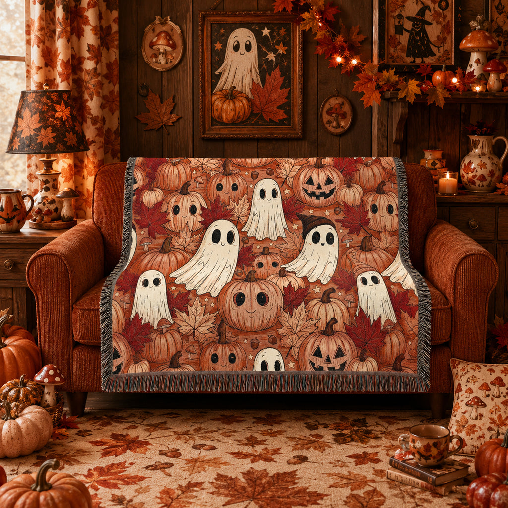 Cute Ghost and Pumpkin Halloween Woven Blanket