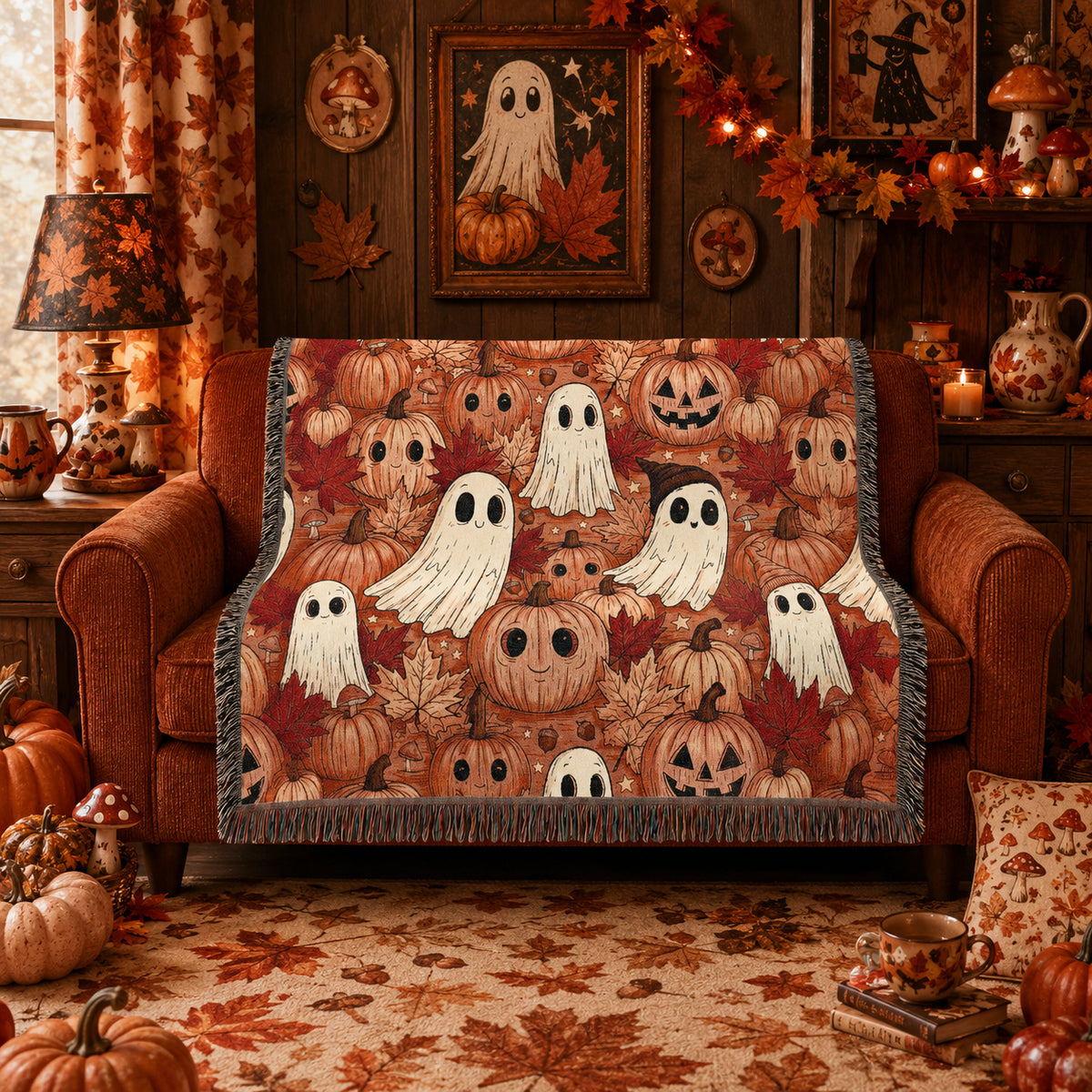 Cute Ghost and Pumpkin Halloween Woven Blanket