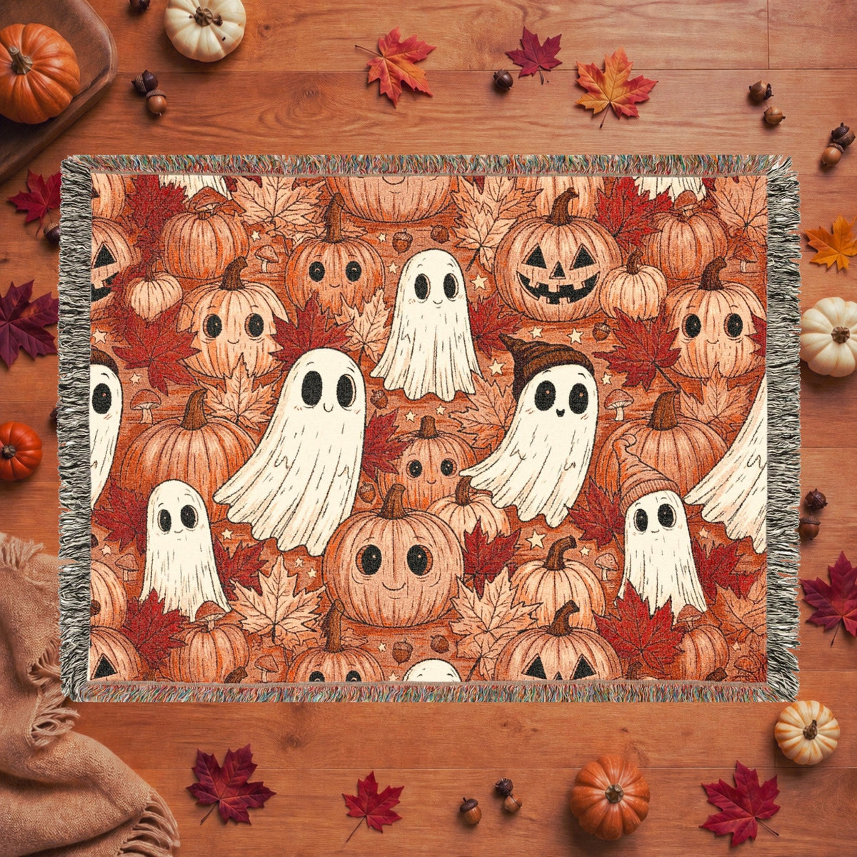 Cute Ghost and Pumpkin Halloween Woven Blanket
