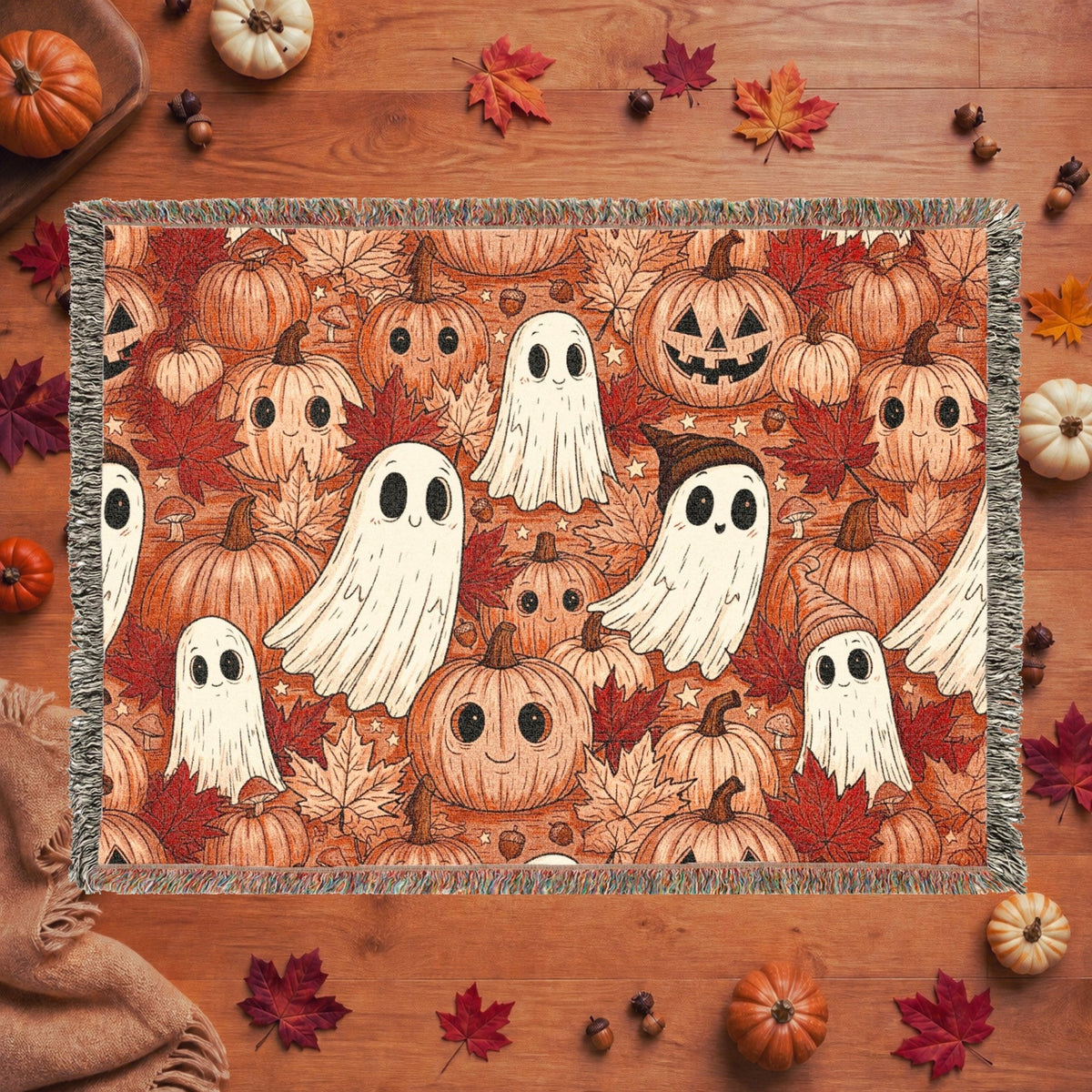 Cute Ghost and Pumpkin Halloween Woven Blanket
