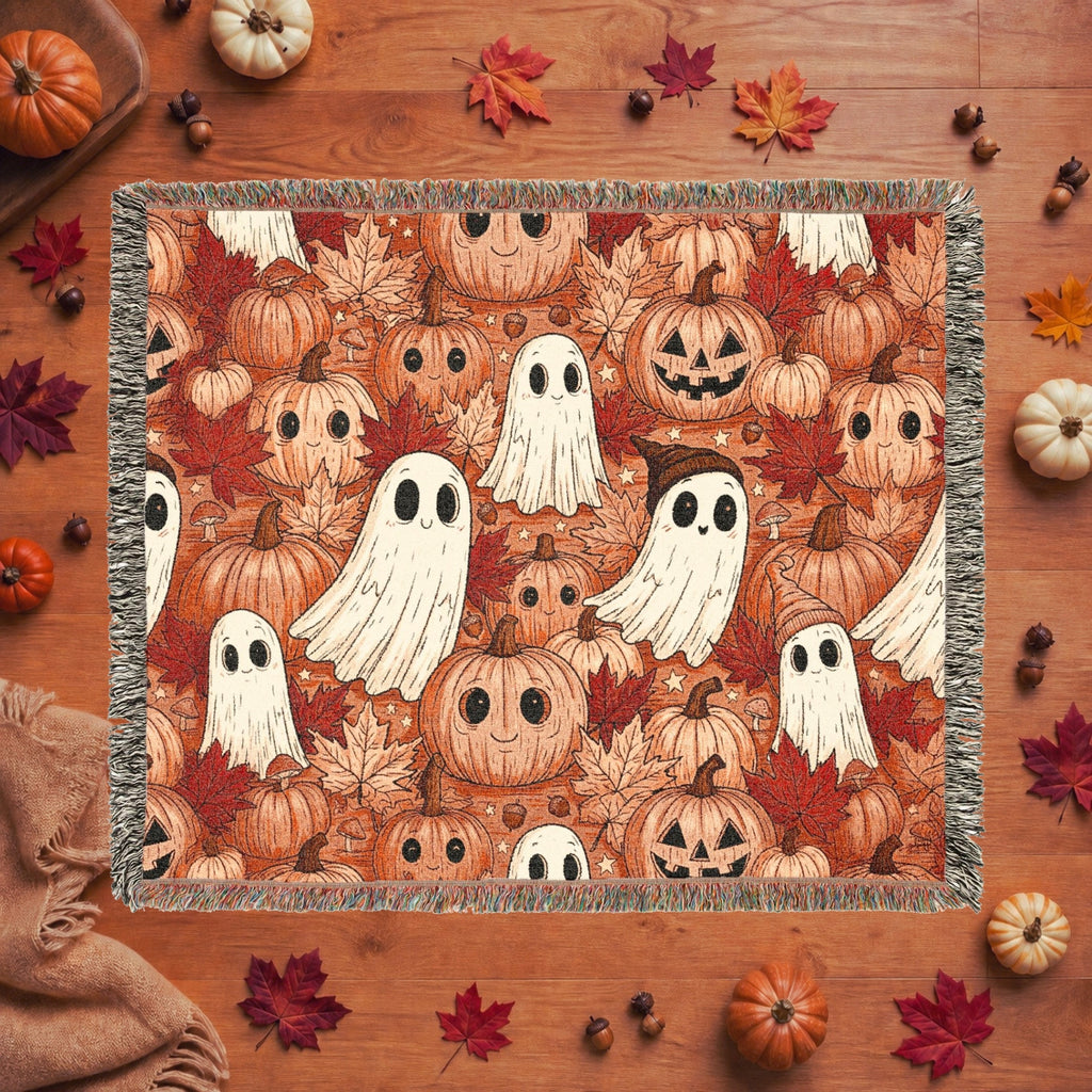 Cute Ghost and Pumpkin Halloween Woven Blanket
