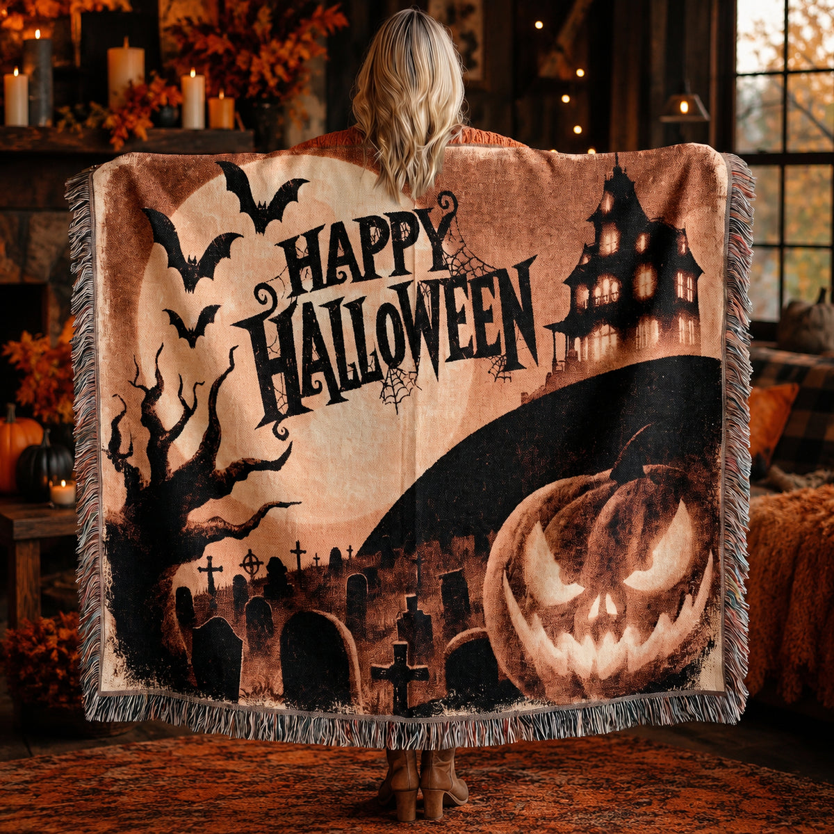 Vintage Jack O’ Lantern Halloween Woven Blanket