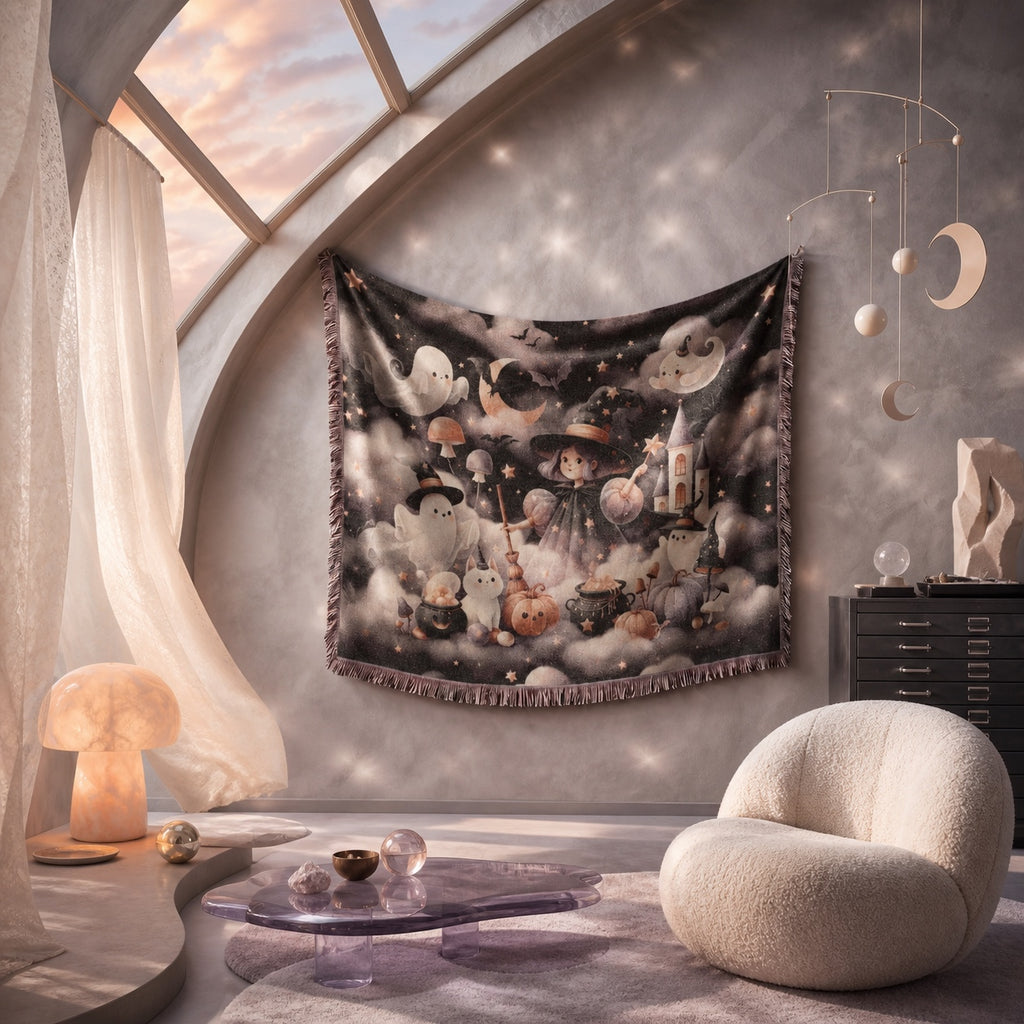 Cute Witch and Ghost Halloween Woven Blanket