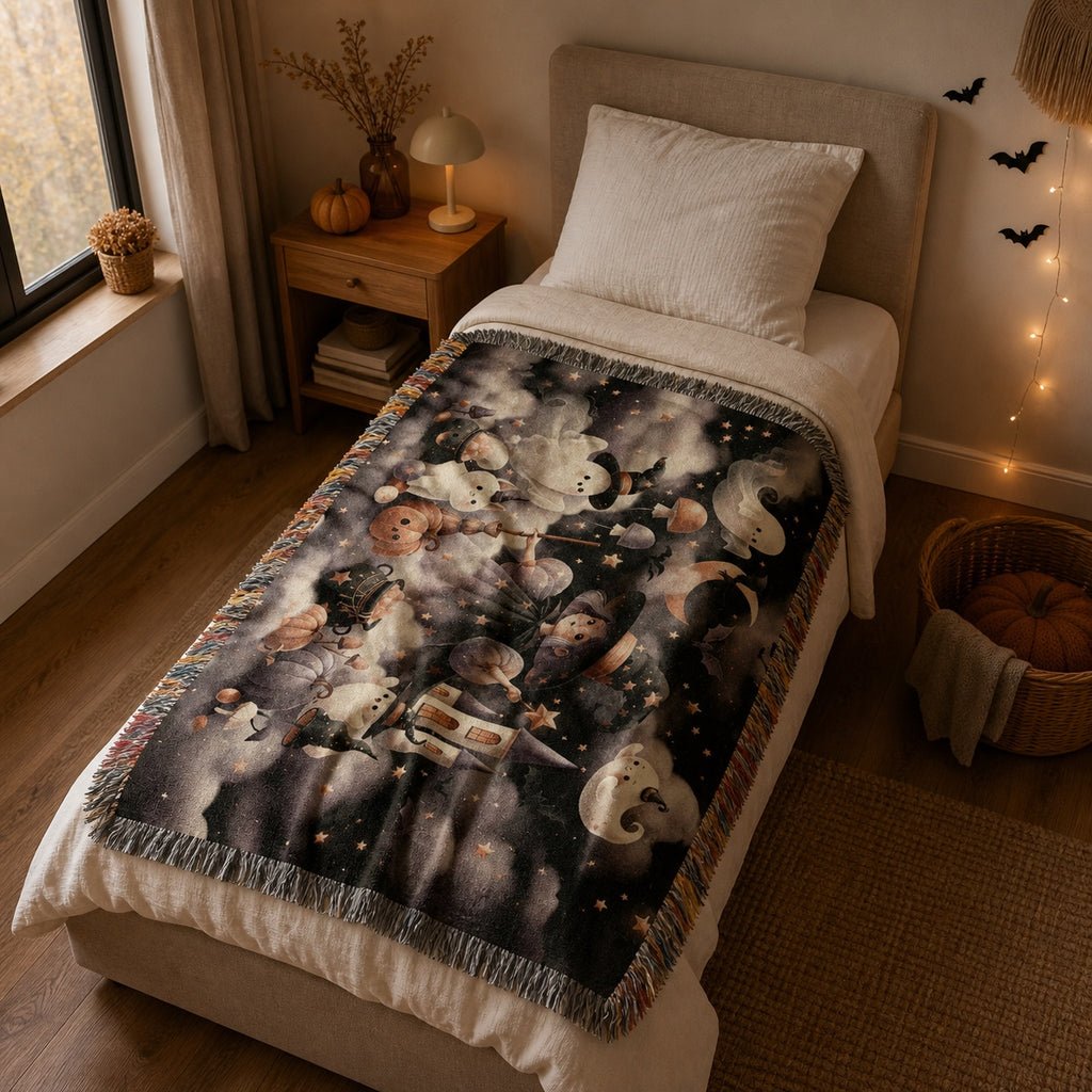 Cute Witch and Ghost Halloween Woven Blanket