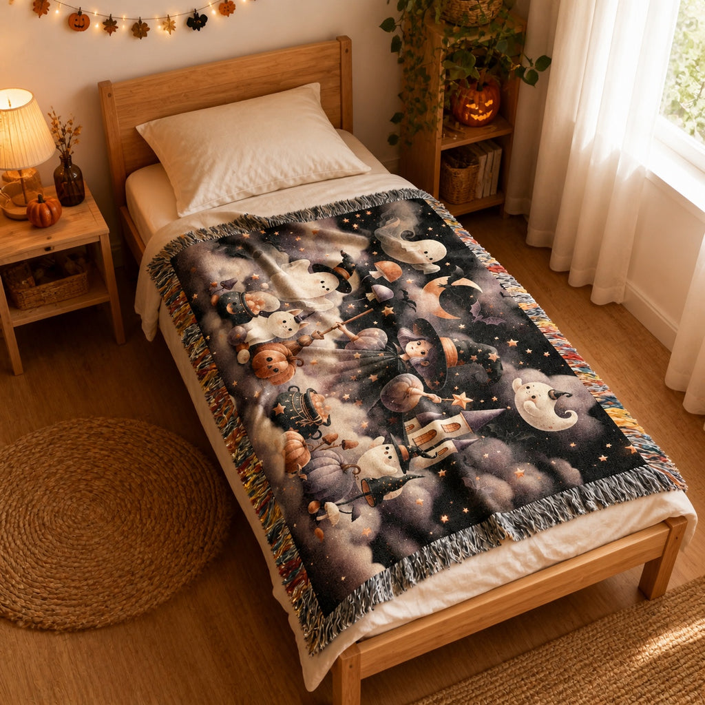 Cute Witch and Ghost Halloween Woven Blanket