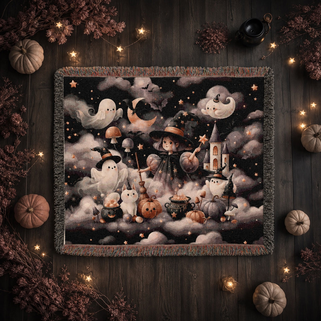 Cute Witch and Ghost Halloween Woven Blanket